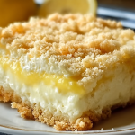 Slice of lemon cream cheese dump cake with whipped cream and lemon slices on a wooden table.