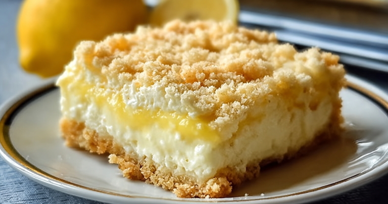 Slice of lemon cream cheese dump cake with whipped cream and lemon slices on a wooden table.