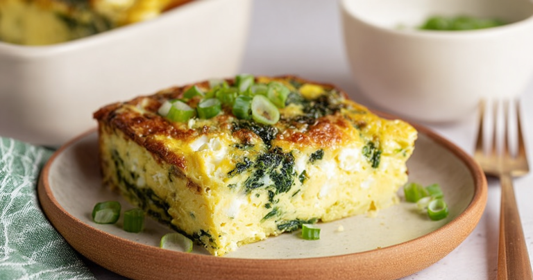 A delicious cottage cheese egg bake with spinach and Parmesan cheese, served in a rustic dish.