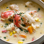 A delicious bowl of crab chowder with sweet corn and parsley, accompanied by crusty bread.
