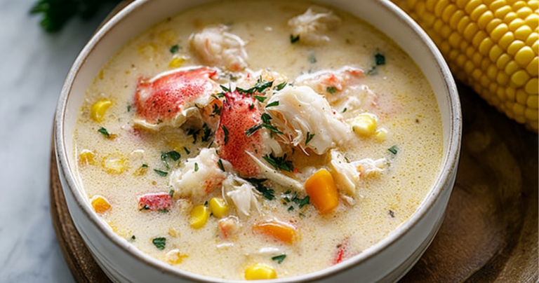 A delicious bowl of crab chowder with sweet corn and parsley, accompanied by crusty bread.