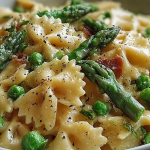 Bowl of creamy pasta with asparagus, garnished with pine nuts and parsley on a wooden table.