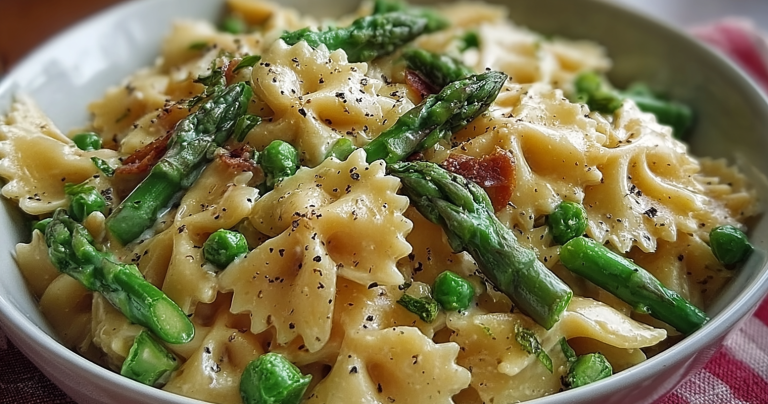 Bowl of creamy pasta with asparagus, garnished with pine nuts and parsley on a wooden table.