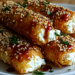 Crispy oven-fried feta rolls with chili honey on a wooden table, garnished with fresh herbs.