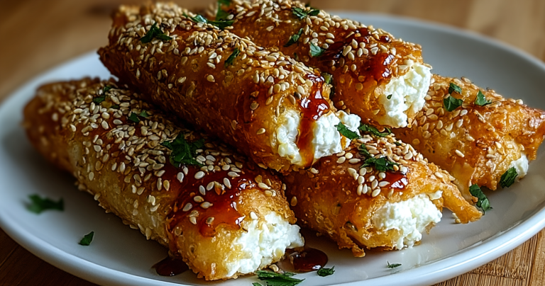 Crispy oven-fried feta rolls with chili honey on a wooden table, garnished with fresh herbs.