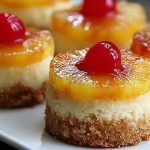 Mini pineapple upside down cheesecakes arranged on a platter with caramel and pineapple topping.