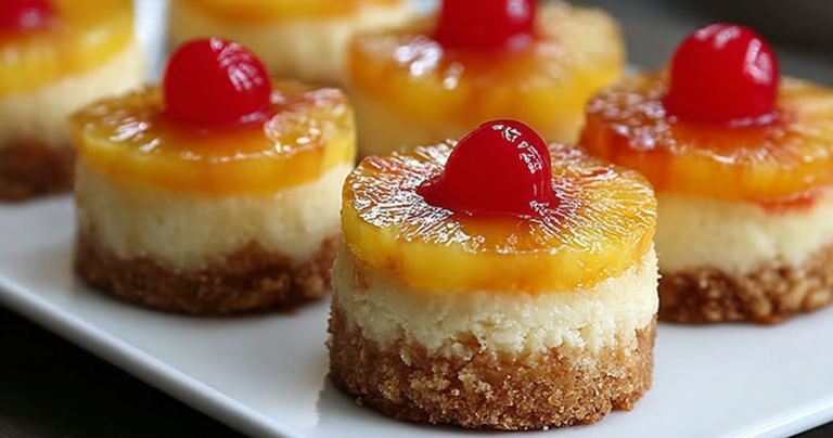 Mini pineapple upside down cheesecakes arranged on a platter with caramel and pineapple topping.