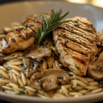 Delicious Chicken Marsala served with orzo and garnished with parsley.