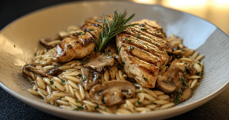 Delicious Chicken Marsala served with orzo and garnished with parsley.