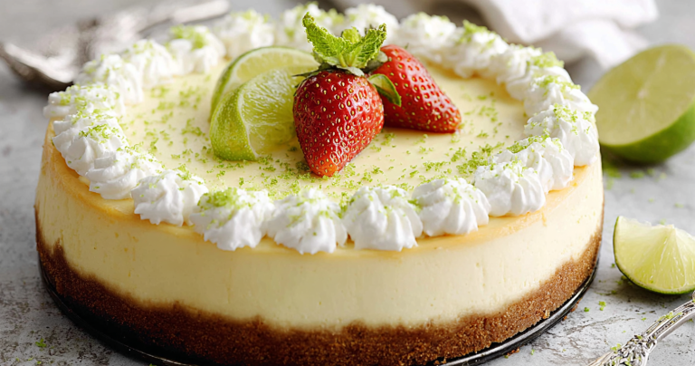 Slice of key lime cheesecake with whipped cream and lime garnish on a wooden table