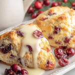 Close-up of a cranberry orange scone with orange glaze on a wooden table, garnished with cranberries and an orange slice.