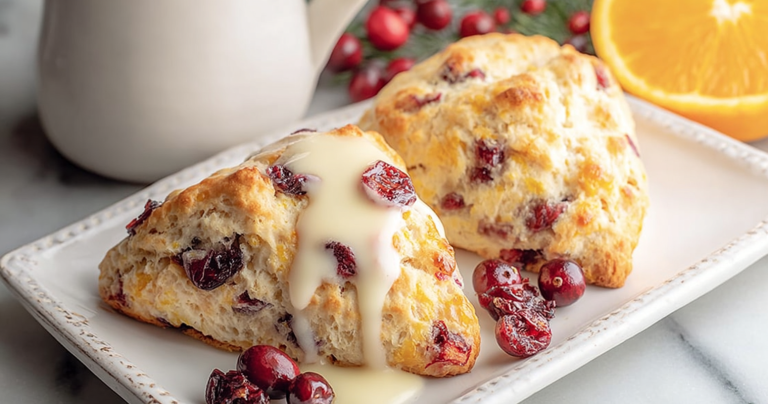Close-up of a cranberry orange scone with orange glaze on a wooden table, garnished with cranberries and an orange slice.