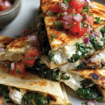 Golden brown Mediterranean quesadillas filled with spinach, feta, and mozzarella, served with a fresh salad and dipping sauce.