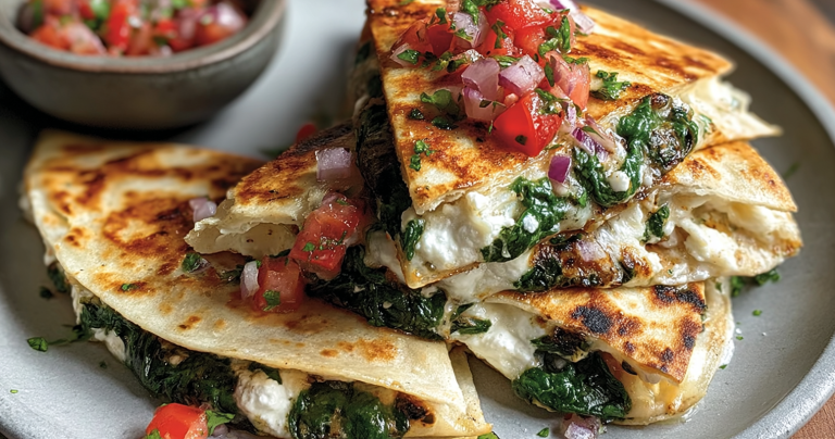 Golden brown Mediterranean quesadillas filled with spinach, feta, and mozzarella, served with a fresh salad and dipping sauce.