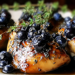 Plated blueberry thyme chicken garnished with thyme and blueberry sauce on a wooden table.