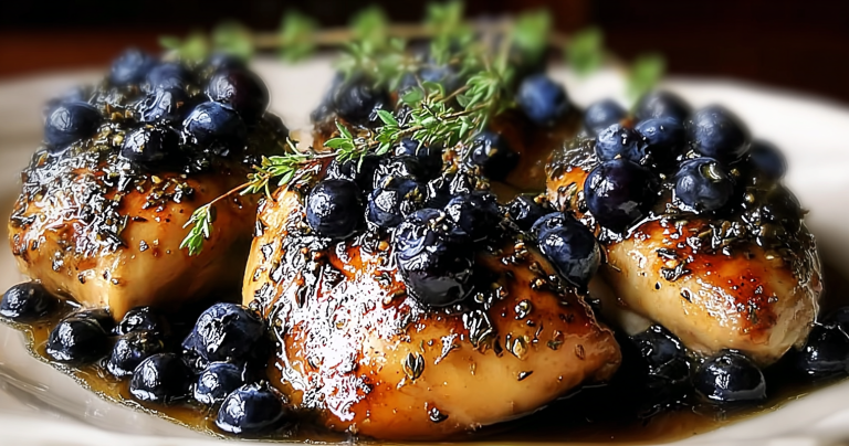 Plated blueberry thyme chicken garnished with thyme and blueberry sauce on a wooden table.