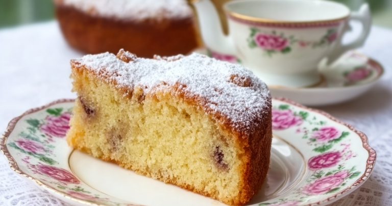 Slice of Irish tea cake with fresh berries and whipped cream on a floral plate.
