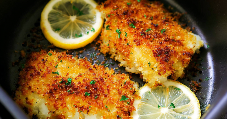 Crispy Air Fryer Parmesan Crusted Cod garnished with herbs and lemon.