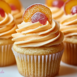 Peach bellini cupcakes with peach slices and sparkling sugar, next to a glass of peach bellini cocktail.