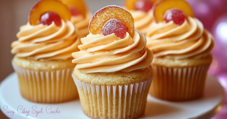Peach bellini cupcakes with peach slices and sparkling sugar, next to a glass of peach bellini cocktail.