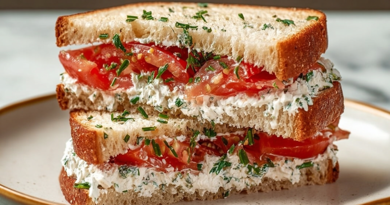 Freshly made tomato sandwich on whole wheat bread with herbs on a wooden cutting board.