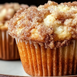 Freshly baked coffee cake muffins with a cinnamon streusel topping on a plate, served with coffee cups and sprinkled coffee beans.
