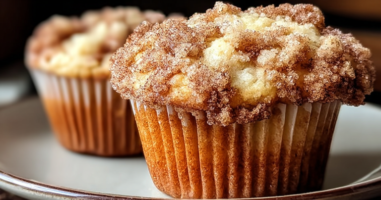 Freshly baked coffee cake muffins with a cinnamon streusel topping on a plate, served with coffee cups and sprinkled coffee beans.