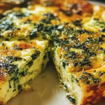 Crustless spinach quiche slice on a wooden table with fresh spinach leaves.