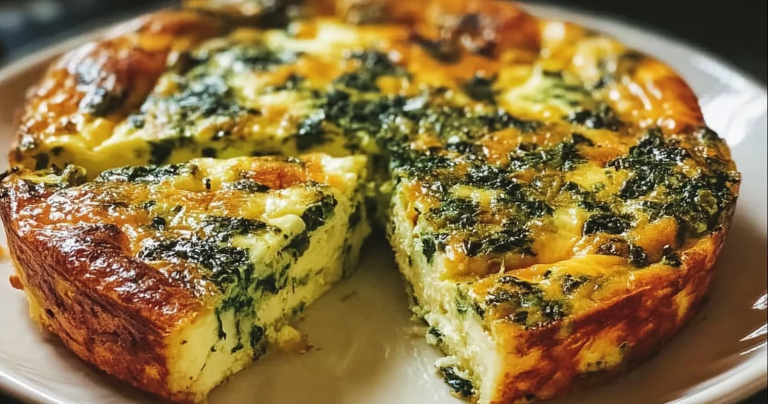 Crustless spinach quiche slice on a wooden table with fresh spinach leaves.