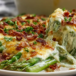 Deliciously baked keto asparagus casserole with melted cheese and crispy bacon served in a rustic dish.