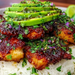 Plated honey lime chicken with fresh cilantro and lime wedges on a rustic wooden table.