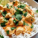 Coconut chicken rice bowl with cilantro and lime on a wooden table.