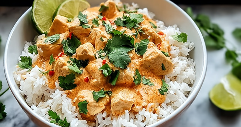 Coconut chicken rice bowl with cilantro and lime on a wooden table.