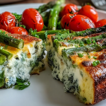 Spring vegetable frittata with asparagus, zucchini, and goat cheese on a wooden table.