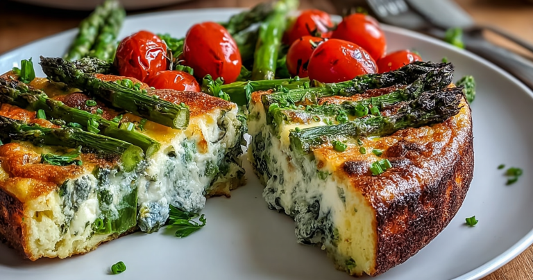 Spring vegetable frittata with asparagus, zucchini, and goat cheese on a wooden table.