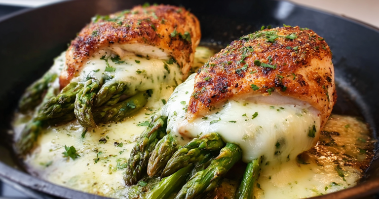 Asparagus and cheese stuffed chicken breast plated elegantly with garnishes on a wooden table.