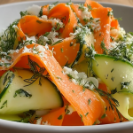 Close-up of a colorful Carrot and Cucumber Ribbon Salad with fresh herbs and lemon slices