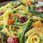 A colorful bowl of pasta primavera with fresh vegetables like asparagus, peas, and zucchini, garnished with lemon zest and basil on a wooden table.