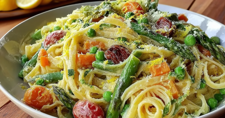 A colorful bowl of pasta primavera with fresh vegetables like asparagus, peas, and zucchini, garnished with lemon zest and basil on a wooden table.