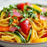 Delicious and colorful pasta primavera with asparagus, zucchini, and bell peppers served in a bowl.