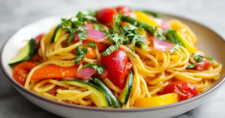 Delicious and colorful pasta primavera with asparagus, zucchini, and bell peppers served in a bowl.