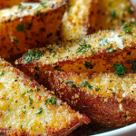 Golden-brown baked garlic parmesan potato wedges garnished with fresh parsley in a rustic bowl.