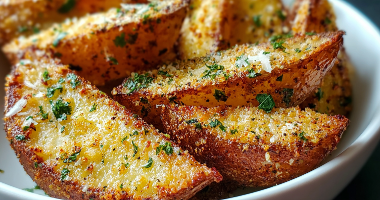 Golden-brown baked garlic parmesan potato wedges garnished with fresh parsley in a rustic bowl.