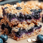 Freshly baked blueberry oatmeal bars on a plate, garnished with powdered sugar and accompanied by blueberries.