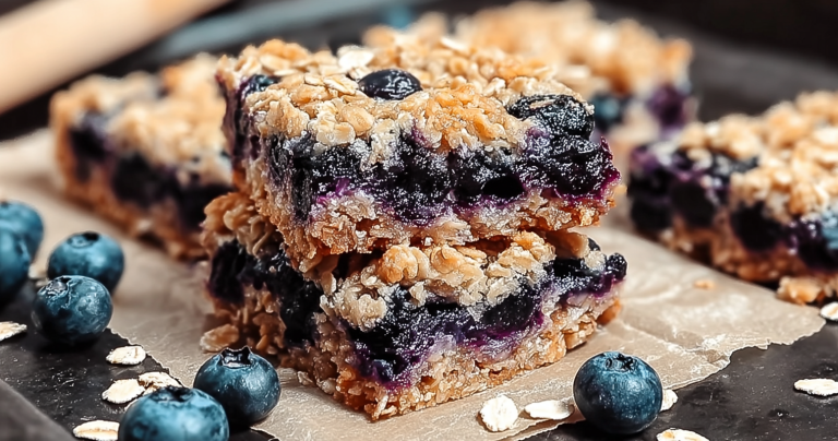 Freshly baked blueberry oatmeal bars on a plate, garnished with powdered sugar and accompanied by blueberries.