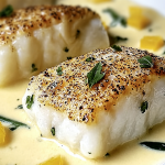 Plated baked cod with coconut lemon cream sauce and vegetables, perfect for a healthy dinner option.
