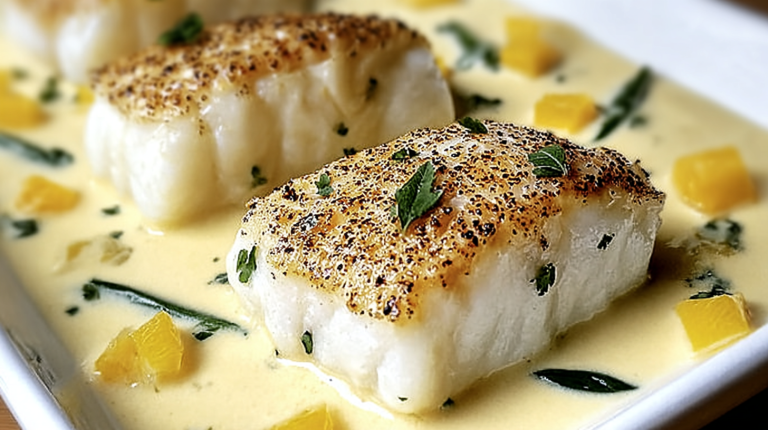 Plated baked cod with coconut lemon cream sauce and vegetables, perfect for a healthy dinner option.