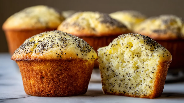 Freshly baked lemon poppy seed muffins on a white plate, adorned with lemon slices and a light lemon glaze.