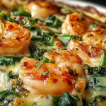 Close-up of Low-Carb Shrimp Tuscan Bake with creamy sauce, shrimp, spinach, and tomatoes, garnished with parsley.