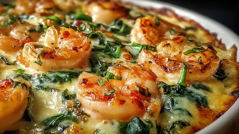 Close-up of Low-Carb Shrimp Tuscan Bake with creamy sauce, shrimp, spinach, and tomatoes, garnished with parsley.